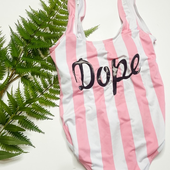 Shein pink/white striped “dope” one piece full coverage bikini - Picture 2 of 2